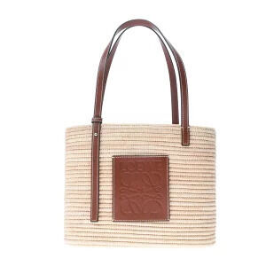 LOEWE Square Basket Bag Tan Raffia Calfskin Handbag